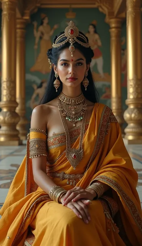 "Create an artistic depiction of Amrapali as a Nagarvadhu, dressed in elegant traditional attire of ancient India, adorned with intricate jewelry and a graceful demeanor. She is seated in a grand hall with golden pillars and murals depicting classical Indi...