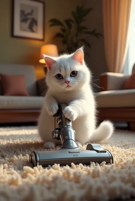 Create Hyper-realistic image of 
White Cat holding a vacuum cleaner in her hand in the living room sweeping the floor of the room