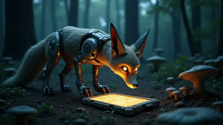 A curious fox with cybernetic enhancements investigating a glowing tablet in the middle of a dark forest.