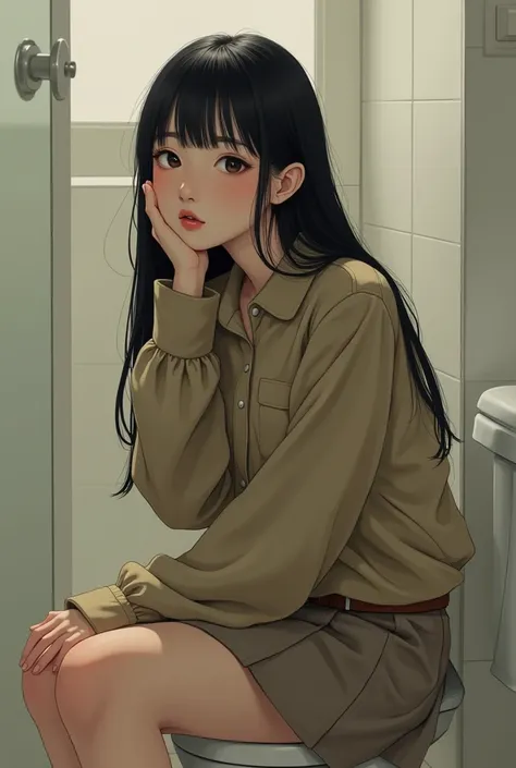  Korean female long straight hair with bang wear sweater and wear long sleeve button shirts Khaki colour and skirt khaki colour with belt sitting on toilet seat view from behind 