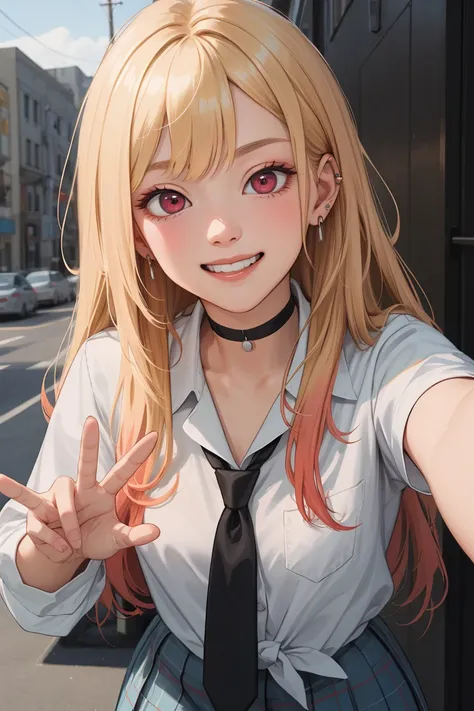 masterpiece, best quality, highres, kitagawa marin, 1girl, blonde hair, long hair, multicolored hair, red eyes, jewelry, earrings, piercing, , white shirt, tied shirt, black choker, blue necktie, plaid skirt, leaning forward, grin, peace sign