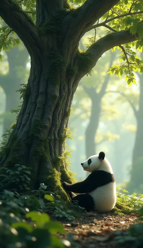 "Create a serene and enchanting scene where a majestic tree and a panda are facing each other in a tranquil forest. The tree’s trunk is textured like the pandas black-and-white fur, with patches of soft moss and leaves blending seamlessly into its bark. Th...