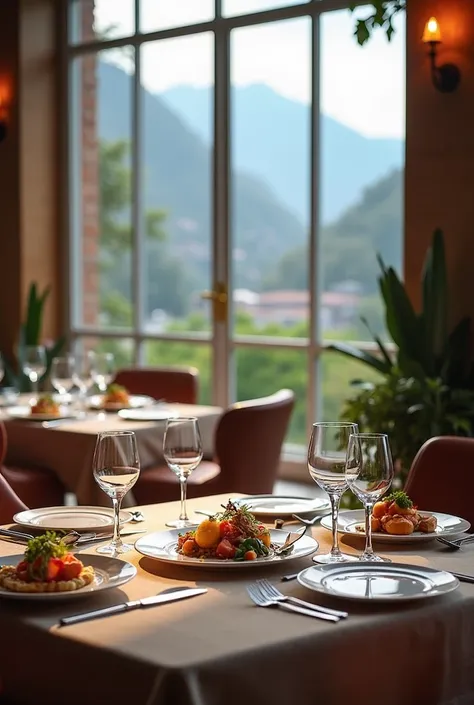 RESTAURANT TABLE AREA WITH A VIEW TO AN ARTISTIC PRESENTATION OF PERU ELEGANT FORMAT