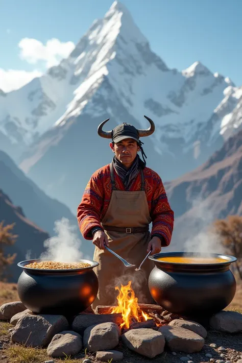  Yak in Nepalese clothes and with an apron ,  makes dale  ( lentil soup ) and tshatti  ( potato dish )  in large pots on an open fire .  With the Himalayas and Tibetan monasteries in the background.