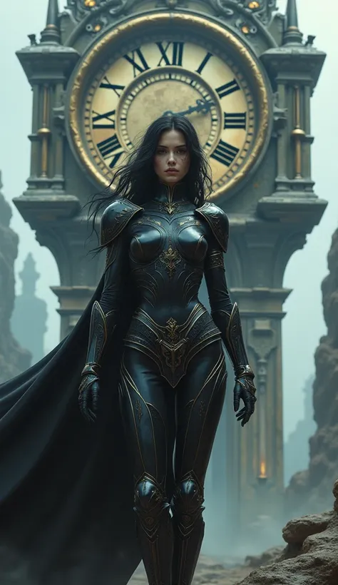 a woman in armor standing in front of a giant clock, dark fantasy style art, style of raymond swanland, dark fantasy artwork, dark fantasy art, dark fantasy style, epic exquisite character art, of a beautiful female knight, 4k fantasy art, epic fantasy art...