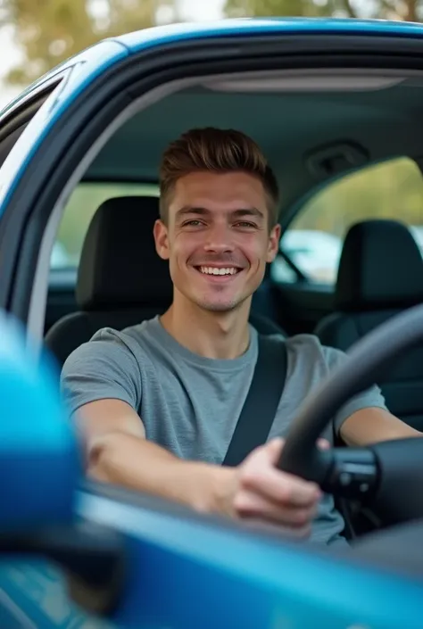 A young white man waring a gray shirt and driving a blue car