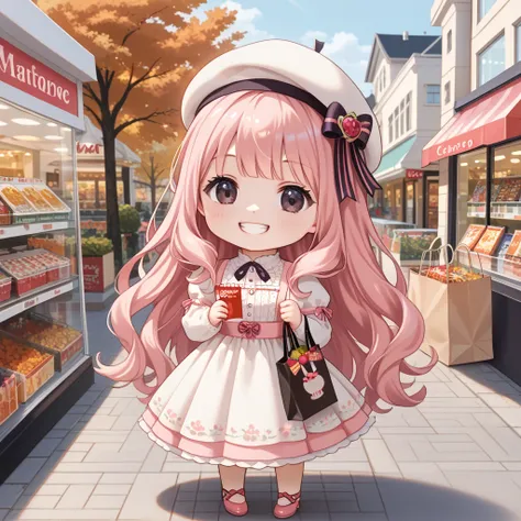 (1 Chibi Girl, Alone:1.3), cute,  big lowered eyes , ( dark eyes:1.1), ( pastel pink hair:1.1), 
 shopping，paper bag in both hands ， shopping，autumn服， turtlenecks， dress，Beret，
，(  Masterpiece  ,  top quality,  super detailed:1.2),solo,  1 girl , Grin, Ban...