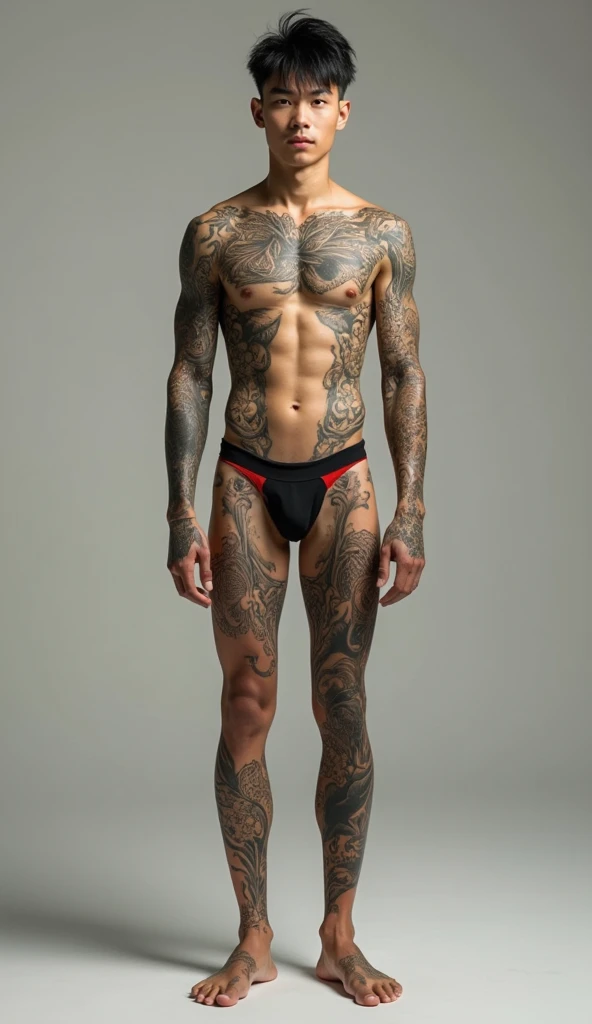 (Show full body portrayal of one male handsome asian) (detail face angular) (20-years-old)(slender) (oriental) (tallish) (Show 2 leg detail) (naked) (tattoo : Wrist tattoo, 
Hip tattoo,
Forearm tattoo,
Upper Arm tattoo,
Back Shoulder tattoo, 
Fingers ...