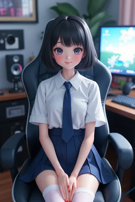 Japanese, feminine face, baby face, 17-year-old male, black hair, bob hair, boyish, idol-style outfit, navy blue tie, navy blue miniskirt, white pantyhose, white shirt, in front of equipment in streaming room, sitting in gaming chair, smiling, real, photo,...