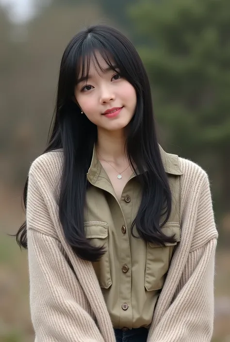  Korean female long straight hair with bang wear sweater and wear long sleeve button shirts Khaki colour Unbottoned collar 