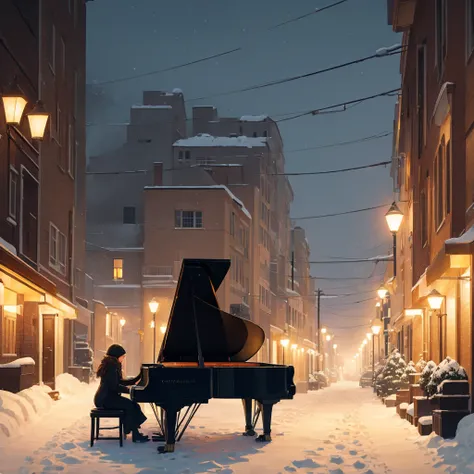 A pianist plays a black grand piano in a snow-covered alley, her breath visible in the frosty air under the golden light of streetlamps