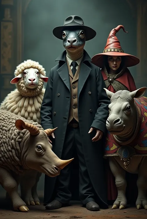   Mafia snake in costume , sheep in costume , reptile in costume ,  rhinoceros in costume and witch in costume