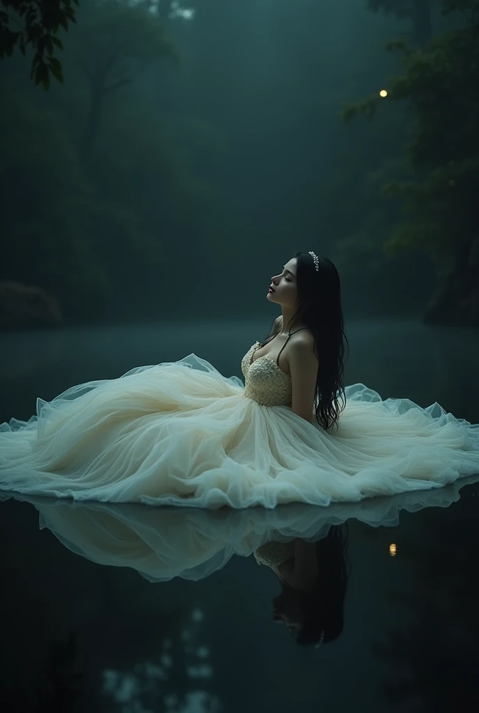 a girl Dressed in a ball gown, Lying in the water, raw photo, medium long shot, shadows, hard lights, a lot of light reflections, white skin, black background, fog, sony a7III, low lights
