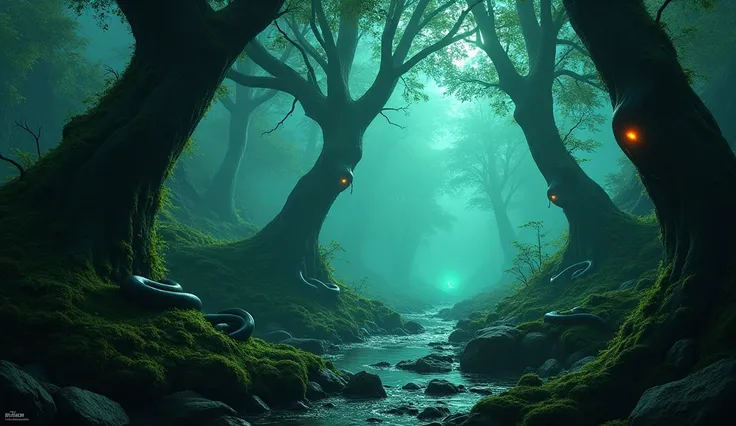 A dark and mystical jungle named "Nagvan," where eerie green and blue lights glow softly through a thick veil of mist. Coiled serpents are visible on tree branches and moss-covered rocks, their eyes glowing faintly. The jungle feels alive, with whispers of...