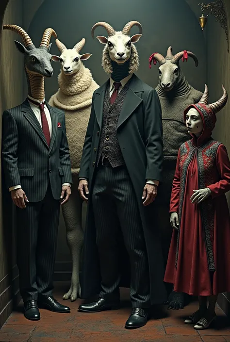   Mafia hybrid snake in costume , hybrid sheep in costume ,   hybrid reptile in suit ,   hybrid rhinoceros in costume and witch in costume