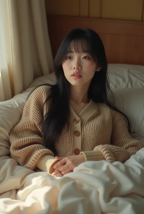  Korean female long straight hair with bang wear sweater and wear long sleeve button shirts Khaki colour lying on bed