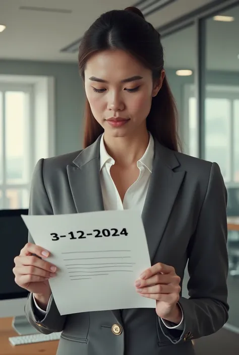 A woman holding a paper with the date 3/12/2024