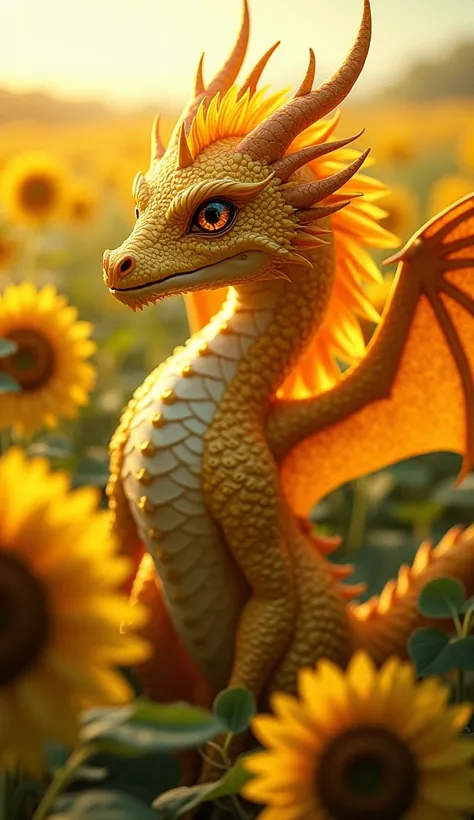 "Create a stunning hybrid creature that blends a dragon with a sunflower. The dragon’s scales should take on the warm golden yellow hues of sunflower petals, with intricate patterns resembling sunflower seeds across its body. Its wings could have a delicat...