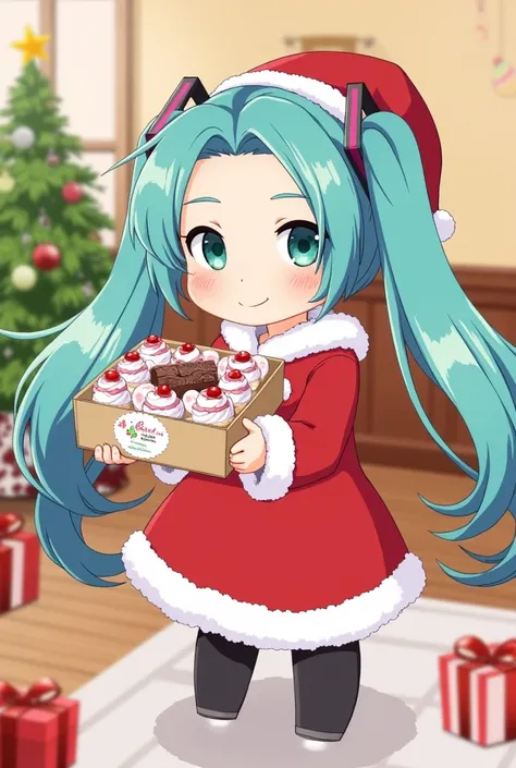 (masterpiece、 top quality、 top quality、 Official Art、 beautiful and beautiful :1.2)、( one girl:1.3) Hatsune Miku 、 twin tails, Beautiful breasts, Christmas、 Santa cosplay holding a box of cakes、Chibi character、Stickers