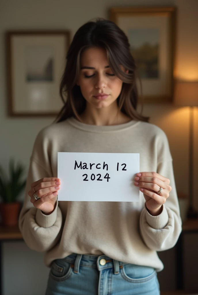 A woman in a house wear
 holding a paper with the date 3/12/2024