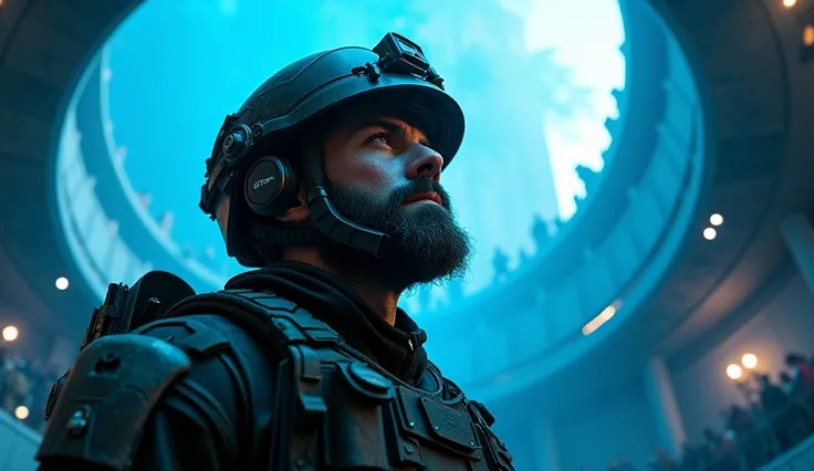 face, a modern soldier with bristles in a tactical helmet looks up, The blue glow reflects in the eyes of a ,  behind is a large circular square with balconies and a crowd