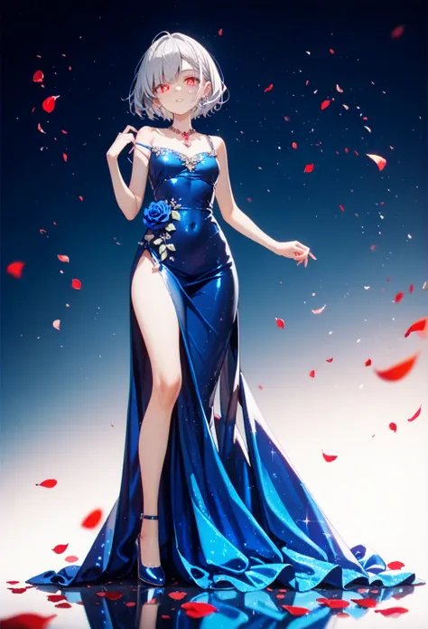 cinematic lighting,1girl, Alone,silver hair, red glowing eyes, short hair,  sharp facial features, porcelain skin,blue Camisole Dress,high heels,blue flower,Luxurious dress,Gorgeous Embroidery dress,marble,Fluttering Petals