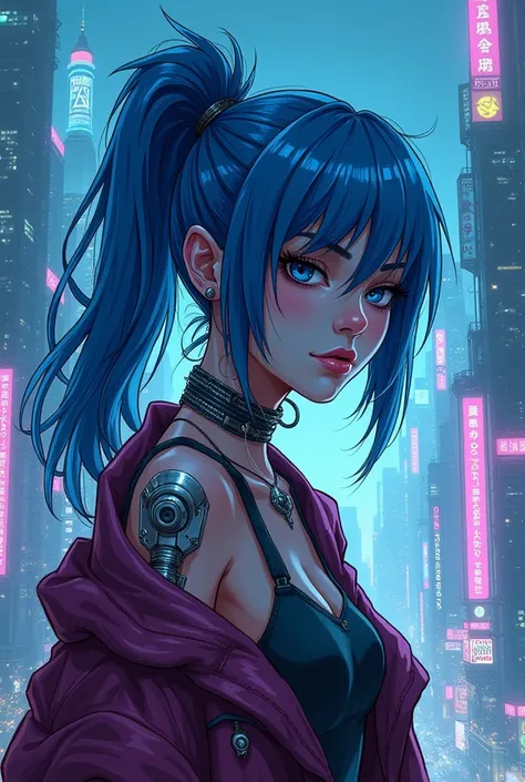 sketch in the style of ck-ccd, featuring a cyberpunk girl, she is wearing cybernetic enhancements, blue hair. The background is in a scifi style color palette and showing a cityscape at night.