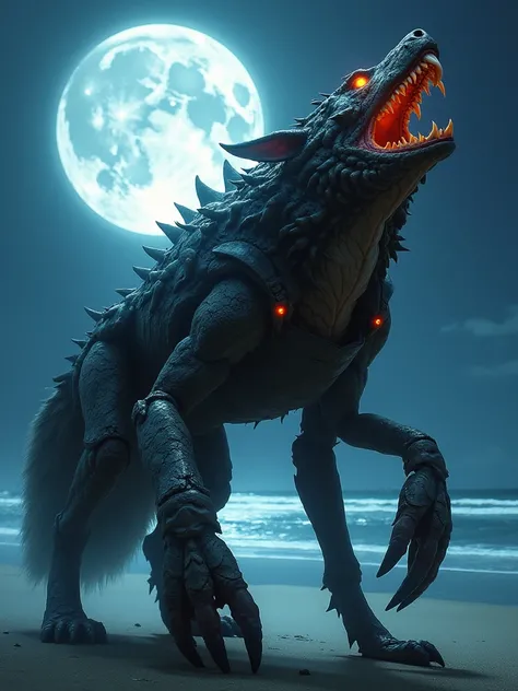 "A fearsome crab-wolf hybrid with a crab’s armored body and the snarling face and tail of a wolf. It stands on a moonlit beach, howling into the night sky while its massive claws sink into the sand. The ocean reflects the moonlight, adding a mystical touch...