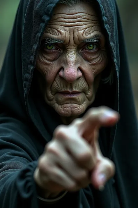 A close-up portrait of an elderly, weathered woman with deep wrinkles and a stern expression, her green eyes piercing through the shadows of a dark hood. The womans skin shows intricate details of age, with prominent veins and textures resembling aged leat...