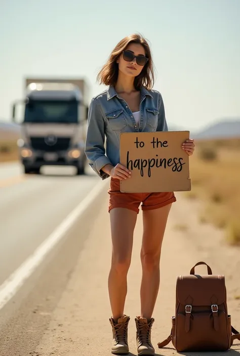 A young beautiful woman stands on a roadside, mid-way down the frame, gesturing with an outstretched arm. Shes holding a cardboard sign that reads "TO THE Happiness."  Her pose is relaxed and friendly, indicating a hitchhiking or seeking-a-ride gesture. Sh...