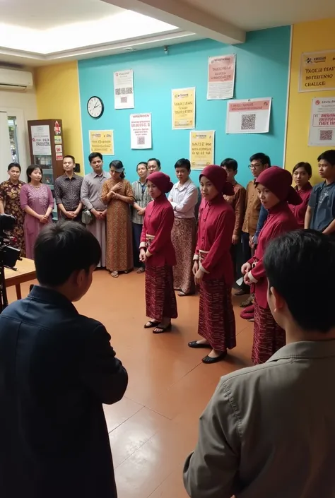 "A bustling university setting where students observe a Javanese dance practice led by the Chinese students, guided by the professor in a beskap and blangkon. Local students stand hesitantly in the background, visibly intrigued. A camera crew documents the...