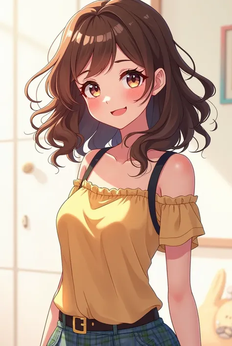  adult woman、Permed hair、 medium hair, Brown Hair、whole body、anime風, anime, Cute clothes