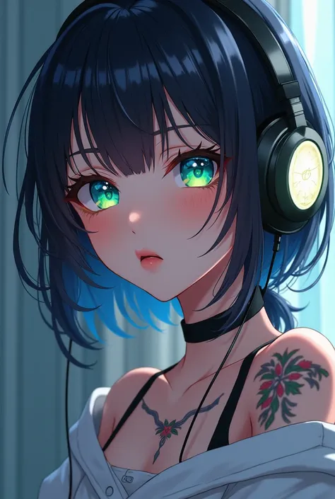 Tattooed woman with headphones, beautiful two-color eyes wearing sweater Anime