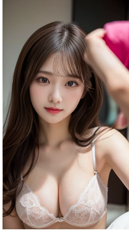  top quality, shape,  very detailed, finely,  high definition , 8k wallpaper,  Worlds Most Beautiful Woman,(Looking at my face in the mirror:1.3)、  straight hair、( slender :1.1)、 gal makeup、baby face、NSFW、 lingerie、race、Floral、 cleavage、 seems to be having...