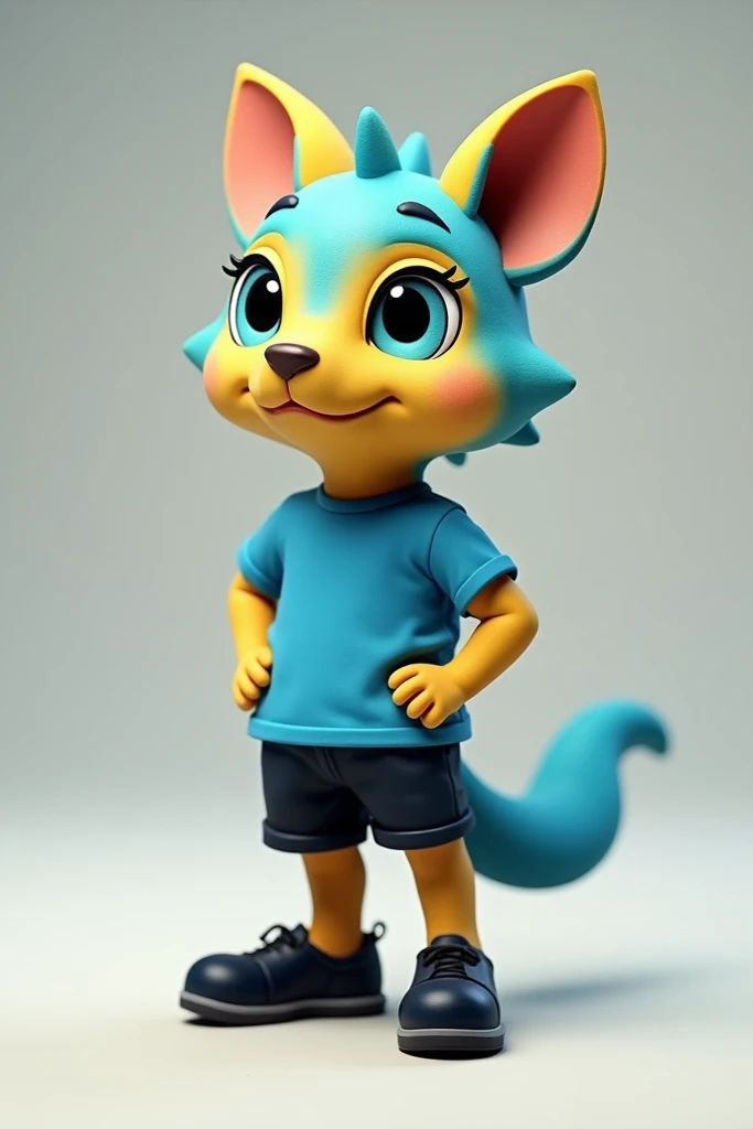  A blue and yellow animal,wearing a blue t-shirt , black shoes and shorts  