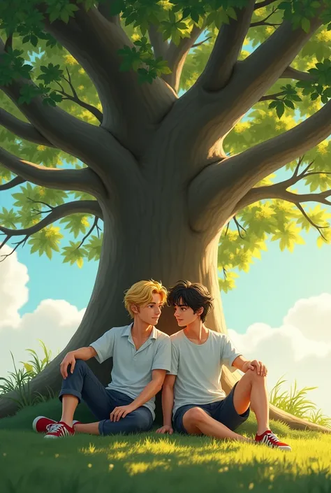 two bl couple one gold color hair with white shirt sit down at down the big tree