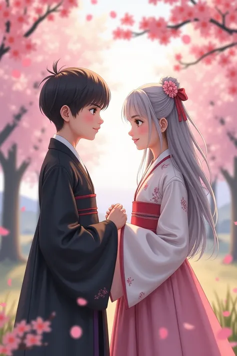  black-haired boy wearing a black hanbok and a gray-haired girl wearing a white hanbok.   The background is a cherry blossom 