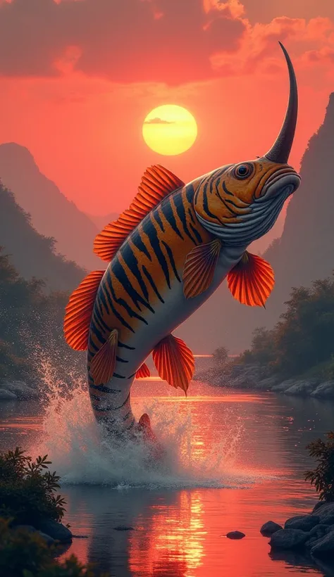 A tiger-colored fish with a straight rhino horn .  jumps out of the river against the background of the valley and the red dawn. superrealism
