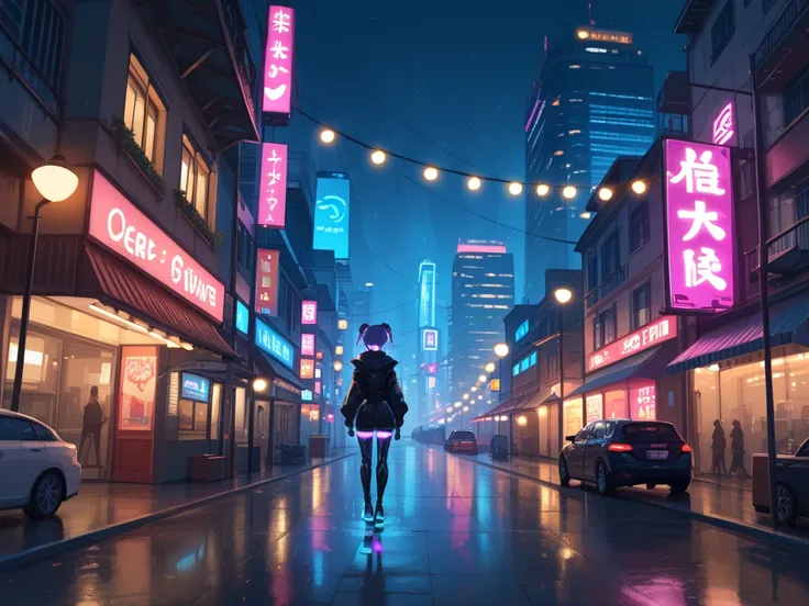 A futuristic urban night scene with glowing neon lights and a silhouette of a woman standing in the center. The womans silhouette is ethereal, her hair flowing with glowing strands of pink, blue, and purple light. The wet street reflects the vibrant colors...