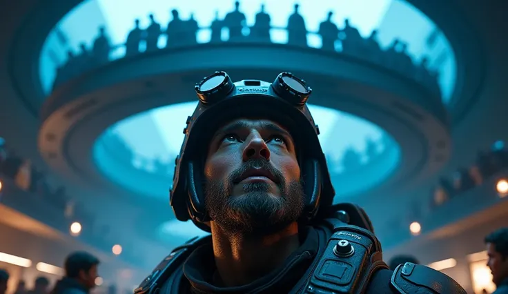 face, a modern soldier with bristles in a tactical helmet looks up, The blue glow reflects in the eyes of a ,  behind is a large circular square with balconies and a crowd