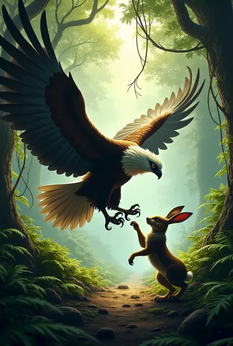 The eagle and the hare stand against each other , background: the forest