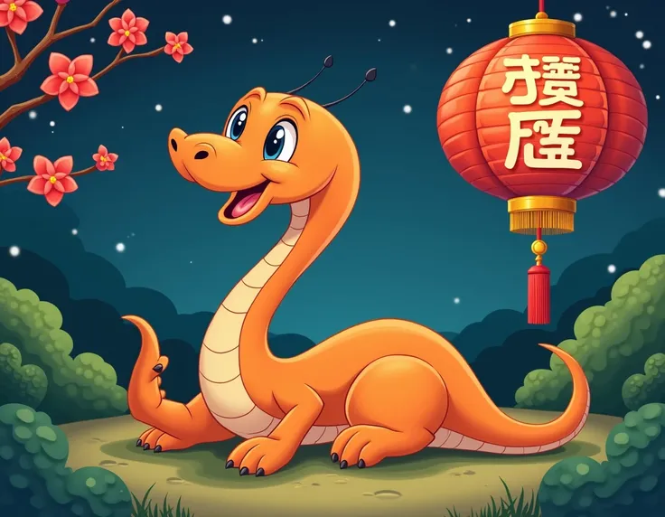 a disney cute cartoon orange cobra without legs and arms, background spring night ,lantern with chinese knotting and english word : GONG XI FA CAI,disney cartoon
