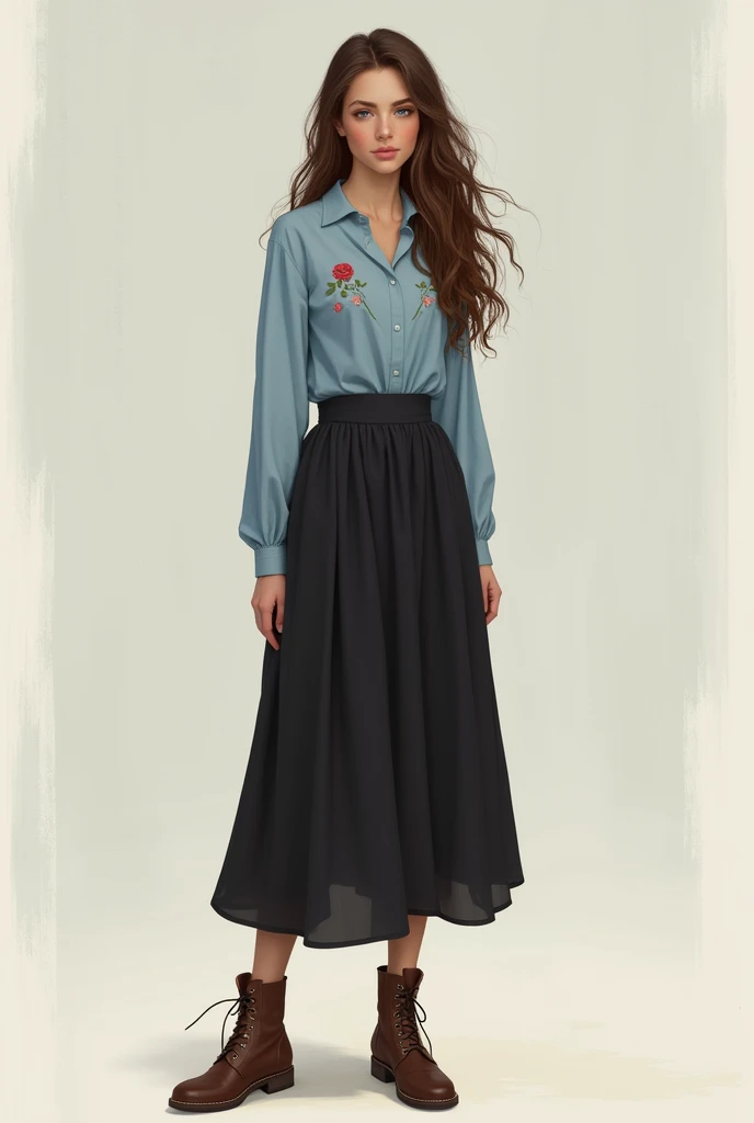  a young brunette woman with long hair and blue eyes. He wore a blue shirt with a rose print , Black skirt,  and brown boots using a realistic and minimalist theme 