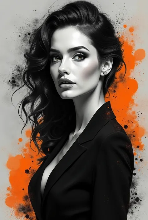 Portrait of beautiful European woman in black and white outfit, with perfect face, makeup, on gray canvas, splattered with ink and orange ink.
