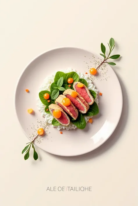  "Create a visually striking and minimalistic food graphic design for a social media post. The image should focus on a beautifully plated dish (like a gourmet salad, a sleek sushi roll, or a perfectly cooked steak) with clean, smooth lines and soft shadows...