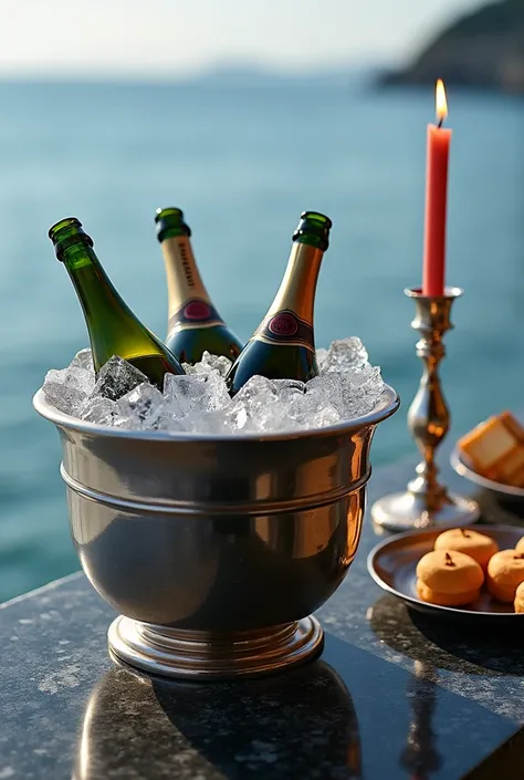  outdoor environment with sea ,  a silver ice cube filled with ice and several bottles of champagne .  The cube is placed on a dark marble surface .  To the right of the ice cube there are two candles burning in ornate candlesticks, and a tray with snacks ...