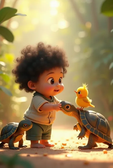 An animated image of an 8-month-old boy with dark curly hair and chubby in clothes, along with a little bird with golden feathers. The little turtle gives a shell to the 