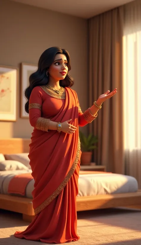 "A Pakistani 30 years of age indian woman, heavy breast, traditional dressing, standing in bedroom, modern bedroom in background, talking by the gesture of hands, 3d cartoonic,  disney pixar style image
