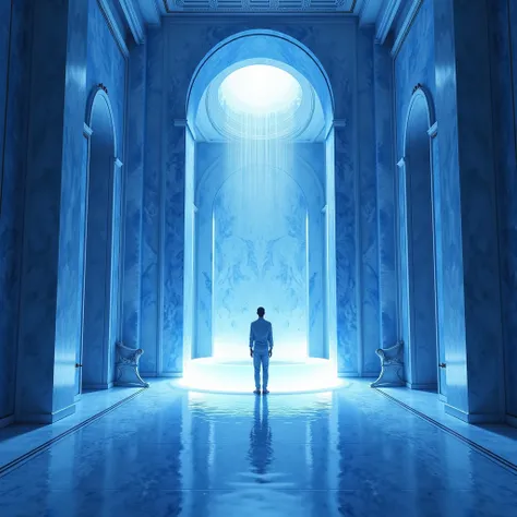 A gorgeous hall with walls made of sapphire and a bath in the center made of white crystal, with a man standing inside the bath