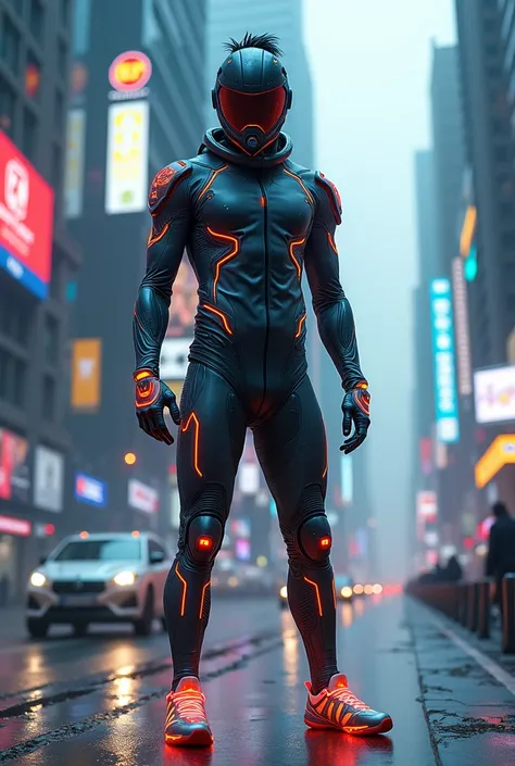 Imagine Neymar as a futuristic soccer player in a sci-fi world. He wears a sleek, high-tech uniform with glowing neon details and a helmet that blends technology with athleticism. His outfit features metallic accents and dynamic energy patterns. His hair i...